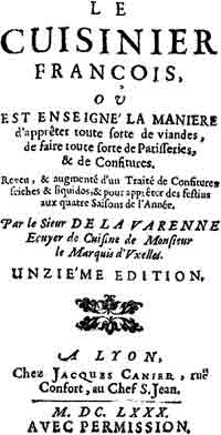 The title page of Le Cuisinier Francois, by Francois Pierre de La Varenne, 1680.