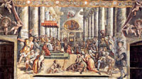 A depiction of the Donation of Constantine in the Apostolic Palace, Vatican City, by an artist of Raphael's studio. (View Larger)