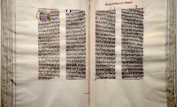 The Giant Bible of Mainz, copied by hand in large characters as to be read from a lectern, shares many artistic characteristics with the Gutenberg Bible, and may haver served as a model for it. (View Larger)