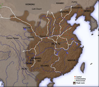 A map of Eastern China, the territories of the Han Dynasty highlighted in dark brown.