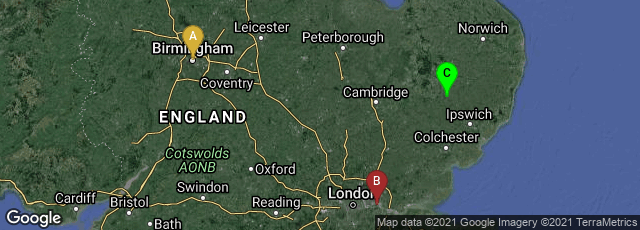 Detail map of Birmingham, England, United Kingdom,London, England, United Kingdom,Bury Saint Edmunds, England, United Kingdom
