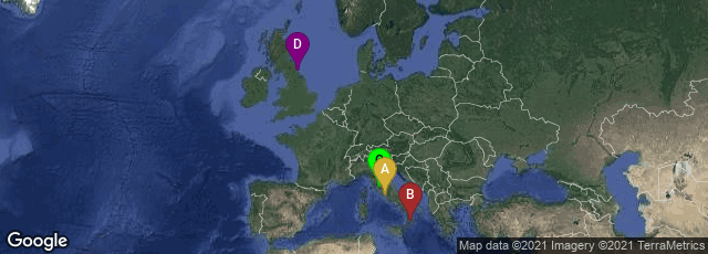 Detail map of Roma, Lazio, Italy,Squillace, Calabria, Italy,Toscana, Italy,Jarrow, England, United Kingdom