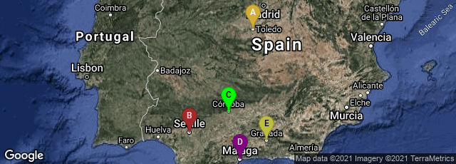 Detail map of Toledo, Castilla-La Mancha, Spain,Sevilla, Andalucía, Spain,Córdoba, Andalucía, Spain,Málaga, Andalucía, Spain,Granada, Andalucía, Spain