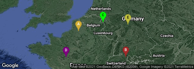 Detail map of Corbie, Hauts-de-France, France,St. Gallen, Sankt Gallen, Switzerland,Mitte, Aachen, Nordrhein-Westfalen, Germany,Tours, Centre-Val de Loire, France,Fulda, Hessen, Germany