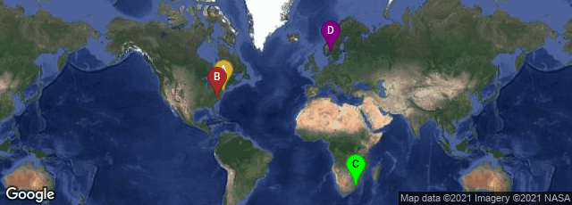 Detail map of Brooklyn, New York, United States,Chapel Hill, North Carolina, United States,KwaZulu-Natal, South Africa,Nordre Aker, Oslo, Oslo, Norway