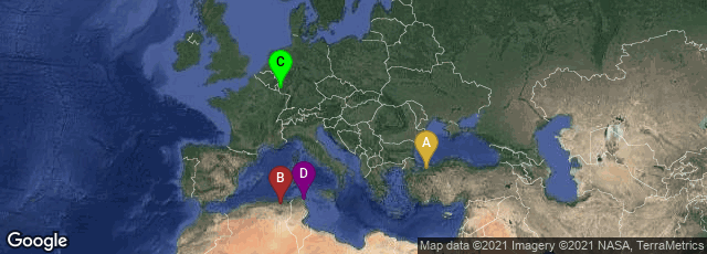 Detail map of Kocaeli, Turkey,Constantine, Wilaya de Constantine, Algeria,Trier, Rheinland-Pfalz, Germany,Amilcar, Site archéologique de Carthage, Tunis, Tunisia