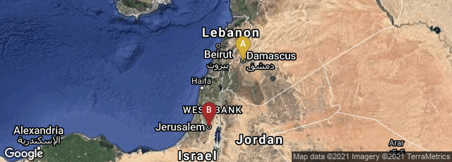 Detail map of Al Qanawat, Damascus, Damascus Governorate, Syria,Jerusalem, Jerusalem District, Israel