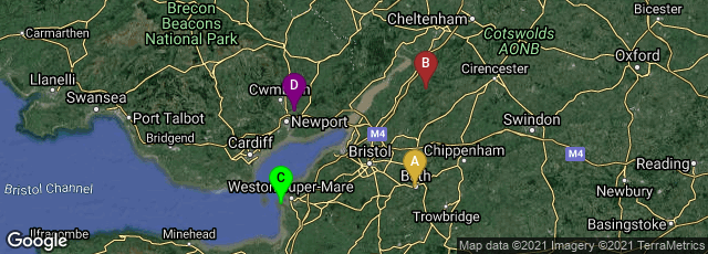 Detail map of Bath, England, United Kingdom,Uley, Dursley, England, United Kingdom,Burnham-on-Sea, England, United Kingdom,Caerleon, Newport, Wales, United Kingdom