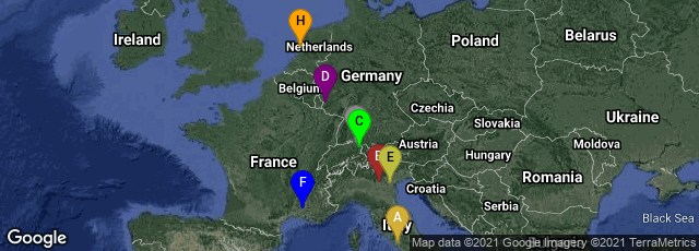 Detail map of Roma, Lazio, Italy,Verona, Veneto, Italy,St. Gallen, Sankt Gallen, Switzerland,Trier-Nord, Trier, Rheinland-Pfalz, Germany,Padova, Veneto, Italy,Avignon, Provence-Alpes-Côte d