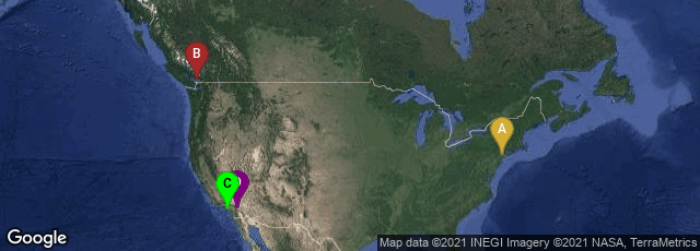 Detail map of Brooklyn, New York, United States,Vancouver, British Columbia, Canada,Long Beach, California, United States,Palm Springs, California, United States