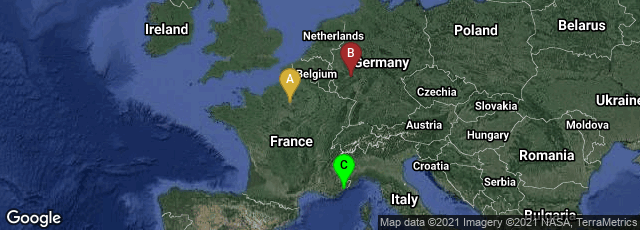 Detail map of Paris, Île-de-France, France,Bad Ems, Rheinland-Pfalz, Germany,Cagnes-sur-Mer, Provence-Alpes-Côte d