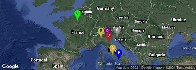 Detail map of Roma, Lazio, Italy,Bologna, Emilia-Romagna, Italy,Paris, Île-de-France, France,Verona, Veneto, Italy,Milano, Lombardia, Italy,Napoli, Campania, Italy,Trieste, Friuli-Venezia Giulia, Italy