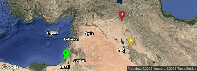 Detail map of Baghdad, Al Saadoon Park, Baghdad Governorate, Iraq,The Left Coast, Mosul, Nineveh Governorate, Iraq,Jerusalem, Jerusalem District, Israel