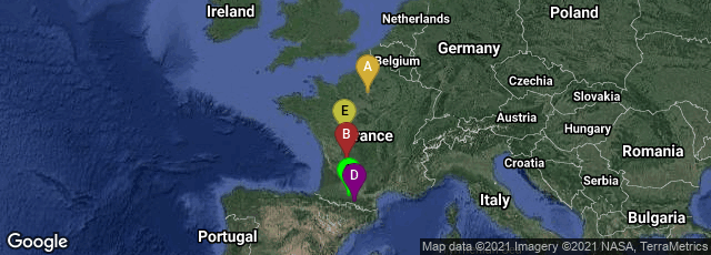 Detail map of Paris, Île-de-France, France,Périgueux, Nouvelle-Aquitaine, France,Aurignac, Occitanie, France,Massat, Occitanie, France,Savigny-Lévescault, Nouvelle-Aquitaine, France