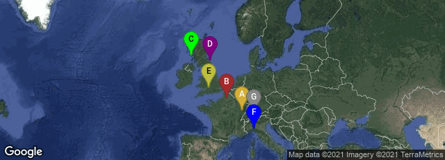 Detail map of Luxeuil-les-Bains, Bourgogne-Franche-Comté, France,Corbie, Hauts-de-France, France,Isle of Iona, Scotland, United Kingdom,Holy Island, Berwick-upon-Tweed, England, United Kingdom,Malmesbury, England, United Kingdom,Bobbio, Emilia-Romagna, Italy,St. Gallen, Sankt Gallen, Switzerland