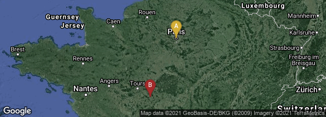 Detail map of Paris, Île-de-France, France,Villeloin-Coulangé, Centre-Val de Loire, France