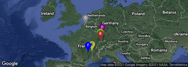 Detail map of Colmar, Grand Est, France,Mulhouse, Grand Est, France,Rouffach, Grand Est, France,Wissembourg, Grand Est, France,Vienne, Auvergne-Rhône-Alpes, France,La Chaise-Dieu, Auvergne-Rhône-Alpes, France,Ieper, Vlaanderen, Belgium