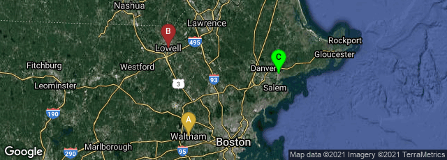 Detail map of Waltham, Massachusetts, United States,Lowell, Massachusetts, United States,Beverly, Massachusetts, United States