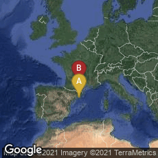 Overview map of Barcelona, Catalunya, Spain,Denat, Occitanie, France