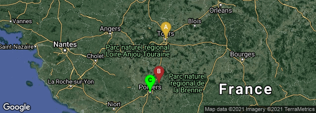 Detail map of Tours, Centre-Val de Loire, France,Vouneuil-sur-Vienne, Nouvelle-Aquitaine, France,Poitiers, Nouvelle-Aquitaine, France