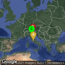 Overview map of Roma, Lazio, Italy,Venezia, Veneto, Italy,Bologna, Emilia-Romagna, Italy