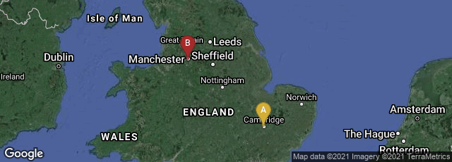 Detail map of Cambridge, England, United Kingdom,Manchester, England, United Kingdom