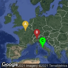 Overview map of Paris, Île-de-France, France,Milano, Lombardia, Italy,Roma, Lazio, Italy