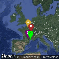 Overview map of Paris, Île-de-France, France,Autun, Bourgogne-Franche-Comté, France,Montpellier, Occitanie, France,Albi, Occitanie, France
