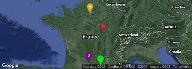 Detail map of Paris, Île-de-France, France,Autun, Bourgogne-Franche-Comté, France,Montpellier, Occitanie, France,Albi, Occitanie, France
