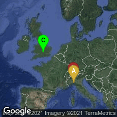 Overview map of Bobbio, Emilia-Romagna, Italy,Milano, Lombardia, Italy,Oxford, England, United Kingdom