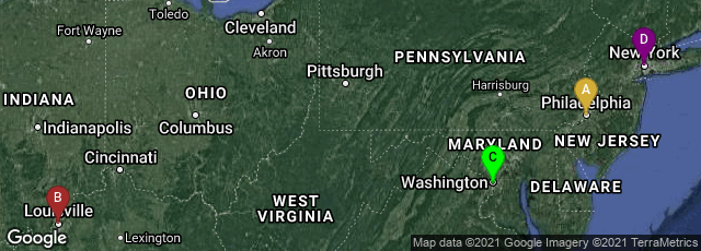 Detail map of Philadelphia, Pennsylvania, United States,Louisville, Kentucky, United States,Washington, District of Columbia, United States,Manhattan, New York, New York, United States