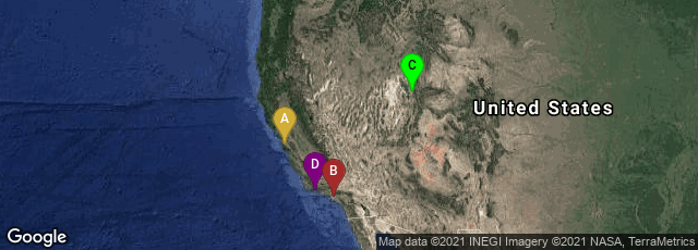 Detail map of Stanford, California, United States,Los Angeles, California, United States,Salt Lake City, Utah, United States,Santa Barbara, California, United States