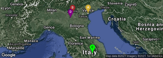 Detail map of Venezia, Veneto, Italy,Verona, Veneto, Italy,Foligno, Umbria, Italy,Mantova, Lombardia, Italy