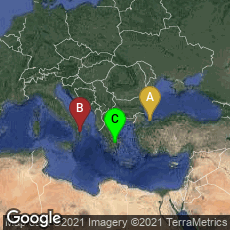 Overview map of İstanbul, Turkey,Calabria, Italy,Korinthos, Greece
