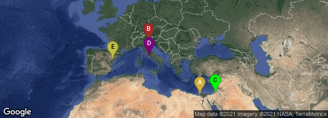 Detail map of Alexandria Governorate, Egypt,Venezia, Veneto, Italy,Jerusalem, Jerusalem District, Israel,Roma, Lazio, Italy,Valdealgorfa, Aragón, Spain