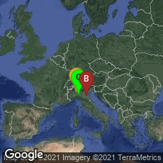 Overview map of Milano, Lombardia, Italy,Ferrara, Emilia-Romagna, Italy,Piacenza, Emilia-Romagna, Italy