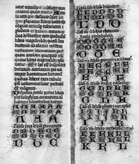 From a late 14th century copy of Richard de Fournival's 'Biblionomia.' A catalog of the section on philosophy, in which books are described by their dimensions. (View Larger)